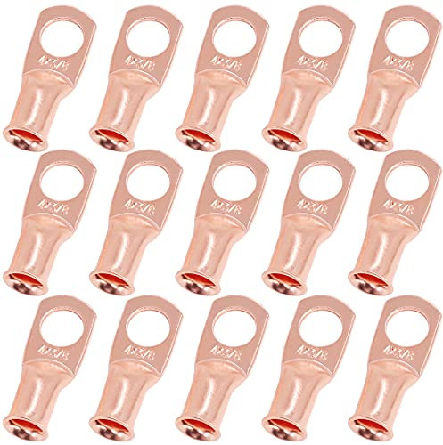 Swpeet 15Pcs 4 AWG - 3/8 (M10) UL Listed Copper Battery Cable Lugs, Wire Ends, Bare Copper Eyelets, Tubular Ring Terminals