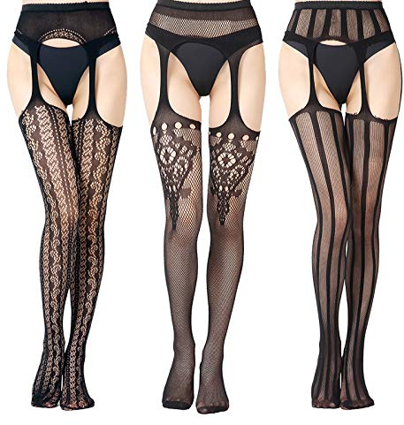 EVERSWE High Waist Fishnet Tights, Thigh High Suspender Stockings (Su3P, SM)