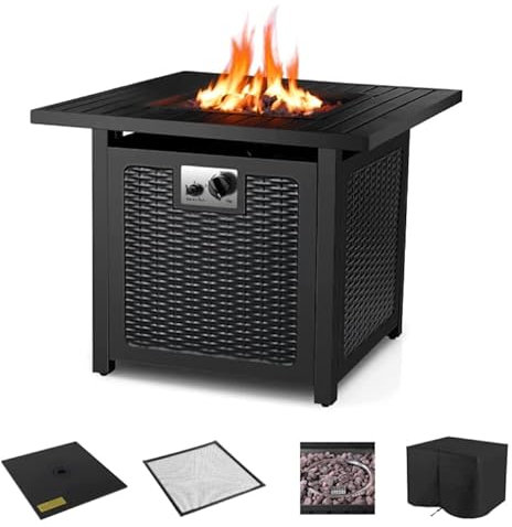 TLGREEN Gas Feuerstelle, 28 Feuertisch mit wasserfester Schutzhülle &Lavasteinen, 72.5 * 72.5 * 67.5 cm, 14.5 kW, Gaskamin Garten, inkl. Tischplatte & Schutzgitter, Gasfeuerstelle Outdoor