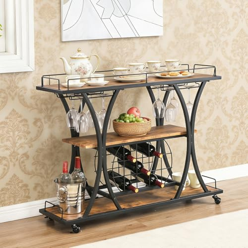 PAG Wood Rolling Bar Cart with Wheels for Home, 3 Tier Freestanding Wine Rack Coffee Cabinet with Glass Holder for Kitchen/Dining Room/Living Room, Antique Brown