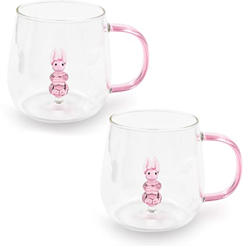 Blümelhuber 2er Set Hasen Tasse Glas Tassen Ostern - Tee Tasse Büro - Cappuccino Tassen - Kaffee Glas Tasse Hase - Hasentasse