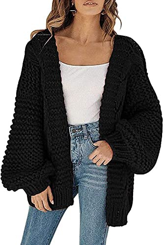 Cicy Bell - Cardigan da donna con davanti aperto, in maglia grossa, a maniche a lanterna, oversize, Nero , XL