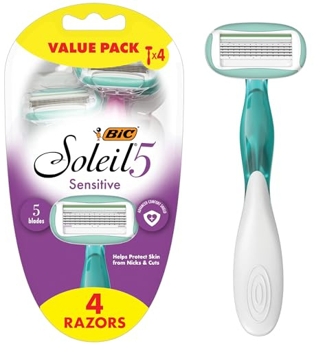 BIC Soleil 5 Sensitive Women's Disposable 5-Blade Razors, Moisture Strips and Pivoting Head for Smooth Summer Shaves, 4-Pack