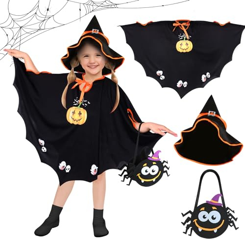 Halloween Costume Kids,Halloween Kläder Barn Fladdermuscape,med 1 * Hatt,1 * Spindel Trick Eller Treat-påsar,för Halloween,Karneval,Temafest,Lämplig för Längd 90-150cm Flickor Pojkar Barn