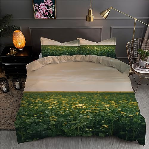 Housse de Couette 140x200 Marron Parure de Lit 140x200 Fleur de Colza ImpriméEs Housses de Couettes Microfibre Douceur avec 2 Taies d'oreiller, avec Fermeture ZippéE