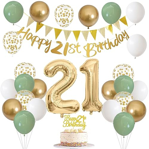 21st Birthday Decorations for Him Her, Happy Banner With Cake Topper Number 21 Foil Balloon, Sage Green White Gold Balloons for Men Women, 21 Year Old Party Decoration