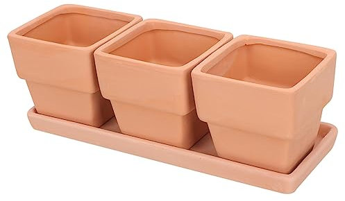 Didiseaon Macetas De Barro Rojo Cuadradas para Plantas De Interior y Exterior, Juego Bandeja Rectangular y 3 Macetas Medianas, Jardín, Sustentables y Transpirables, para Suculentas y Cactus