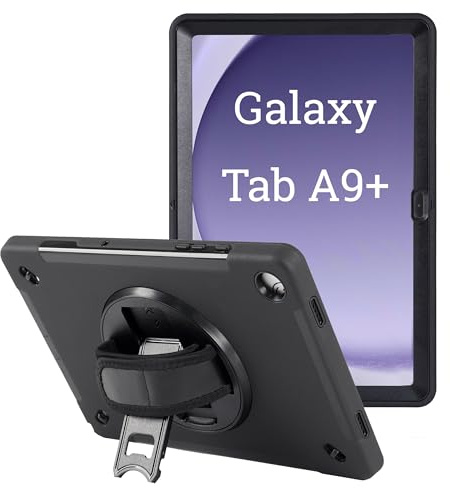 honju FIT Rugged Case für Samsung Galaxy Tab A9+ - Hülle mit Handschlaufe | Schutzhülle nach MIL-STD-810G Standard mit Kickstand für Tablet A9 Plus, 360 Grad drehbar, stoßfest, Schwarz für WiFi & 5G