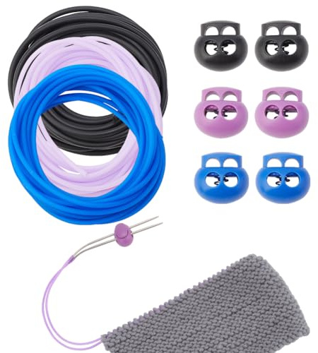 NBEADS 6 Stück 3 Farben Stitch Stopper Set, Oval 2-Loch Plastik Schnurschlösser mit 3 Beuteln Runder Synthetischer Gummischnur Häkelzubehör Stricknadelspitzenschützer für Handstricken
