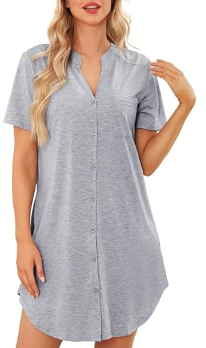 Lovasy Camicia da Notte Donna in Cotone Manica Corta Scollo a V Sexy Sottoveste Curvy con Bottoni Davanti Abito da Notte Estiva con Tasche B Grigio M