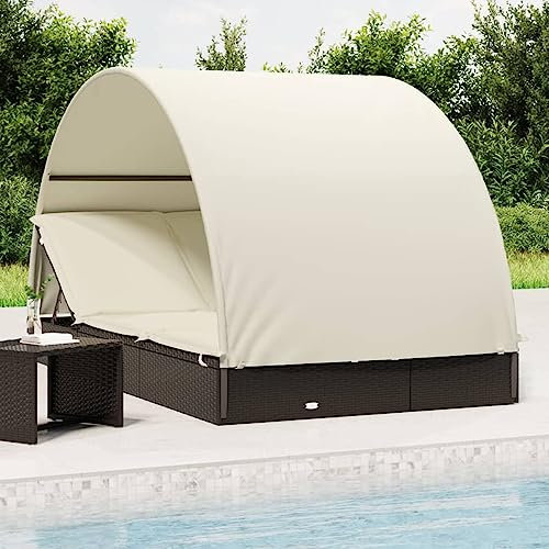 Homgoday Sonnenliege mit Runddach Doppelliege Gartenliege Sonnenliege Relaxliege Strandliege Balkonliege Freizeitliege Verstellbare Rückenlehne für Garten Balkon Schwarz und Weiß 211x112x140 cm