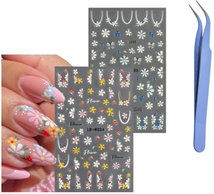 4 Blatt Blume Nagelsticker,Nagelsticker Selbstklebend,Frühling Blume Nail Art Sticker mit Pinzette für Frauen,Mädchen DIY Nagelaufkleber Nageldesign (Flower-4sheets)