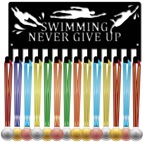 CREATCABIN Medaillenhalter Zum Schwimmen,Medaillenständer,Organizer,Kleines Schwarzes Regalgestell Metall,Eisen,Medaillenband,Plakettenaufhänger,Wandmontage,Für Sportler,Schwarz,29x13cm Never Give Up