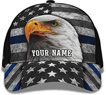 Basecap Polizei Us Bald Und Blue Line Flagge Personalisiere Name Text Wort Hut 3D Baseball Kappe Leichtgewicht Baseballmütze Unisex Baseball Mütze Für Golf, Reisen, Damen