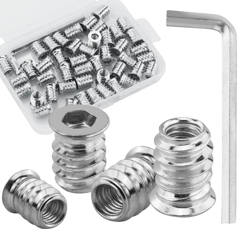 45 tuercas de inserción roscadas M6 x 15 mm, 1 inserto roscado hexagonal con llave Allen para muebles de madera, 1 caja de almacenamiento de plástico, tuercas de inserción roscadas de aleación de