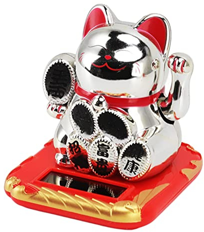 Sunicon Waving Cat,Solar Powered Waving Wealth Cat Cute Happy Lucky Cat Statue Good Lucky Fengshui Cat Wealth Welcoming Decor for Home Car Shop Store Decoration (Chinese Character Silver)