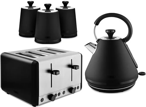 Tower Sera 1.7L 3KW Pyramid Kettle, 4 Slice Toaster & Tea, Coffee, Sugar Canisters in Black with Smoked Trim. Contemporary Matching Tower Kitchen Set of 5 in Black