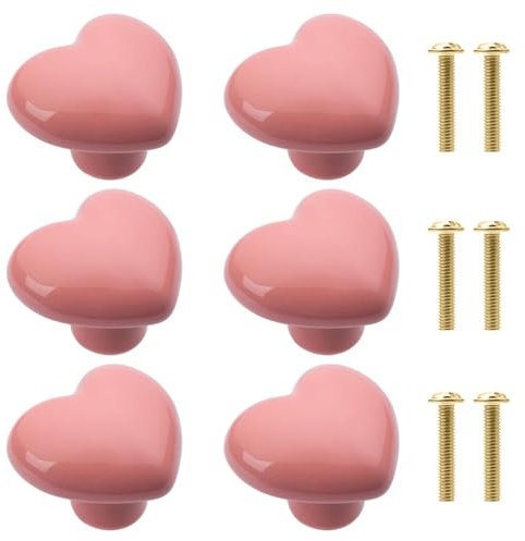 6 Stück Möbelknöpfe, Keramik Herz Rosa Knauf für Schrank, Niedliche Handgefertigt Dekorative Griffe mit Schrauben für Kinderzimmer, Schubladen, Schrank, Kleiderschrank, Bücherregal