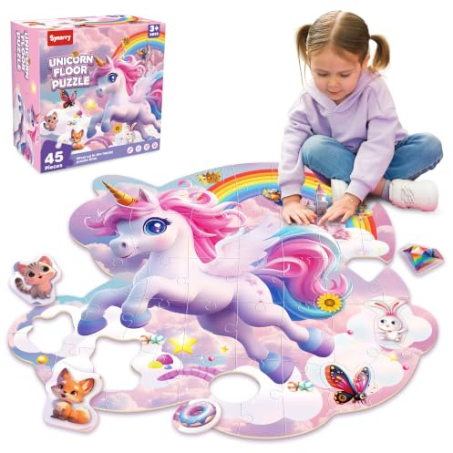 SYNARRY Einhorn Puzzle Kinder ab 3 4 5 6 7 8 Jahre, 45 Teilige Großes Bodenpuzzle für Kinder, Einhorn Spielzeug Geschenke für Mädchen