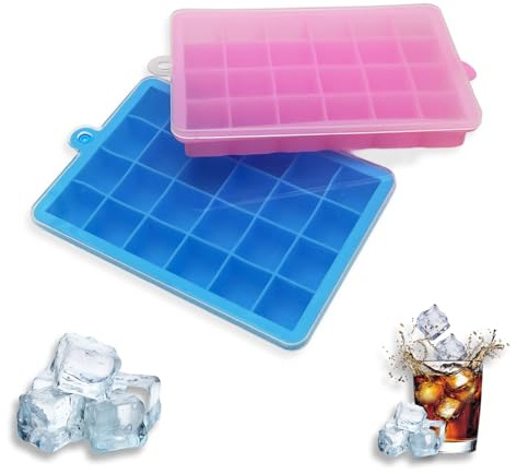 Bliceon 2 Pcs Silicone Ice Cube Tray, 24 Square Ice Cube Moulds with Lid, Flexible Easy Release Silicone Mould for Whiskey, Cocktails and Drinks, Freezer (Pink and Blue)