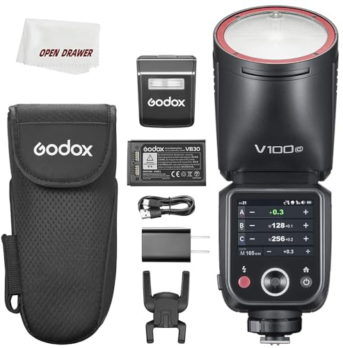 Godox V100C Flash V100-C Globally Synchronized Light Care, 100 Ws, 1/8000 Second, 1/8000 HSS, Embedded Lithium Battery, 10 Tier LED Modeling, For Canon Camera