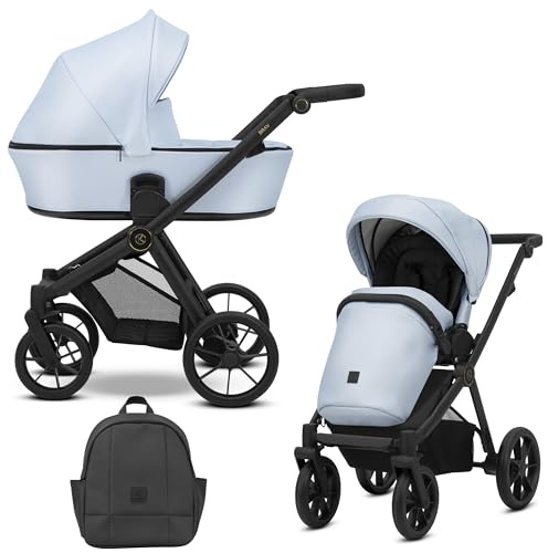 Kunert BRAV Passeggino 2 in 1 navicella sedile sportivo reversibile telaio in alluminio leggero comfort design copertura antipioggia zanzariera portabottiglie cestino zaino (Baby Blue EcoNero)