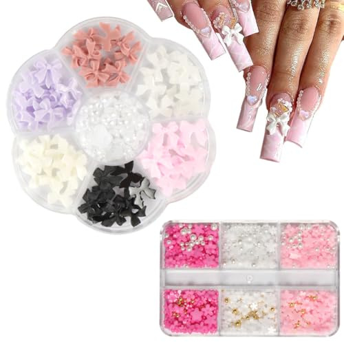 WUSJCOF 2 Boîtes de Charms pour Art des Ongles Charms à Ongles Rubans pour Ongles 3D Décorations d'Ongles en Résine Fleurs et Pierres Précieuses Accessoires de Décoration d'Ongles