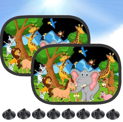 Juego de 2 Piezas Parasol Coche Bebe,44 x 36 cm Parasol Coche Lateral con 8 Ventosa,para Proteger del Sol a Bebés y Mascotas,Ventanas TraserasCoche con Bonito Estampado -Zoo