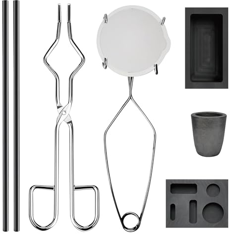 8 PCS Torch Melting & Casting Kit – Includes Whip Tongs, Graphite Clay Crucible, Quartz Crucible, 5-in-1 Graphite Ingot Mold, Graphite Stir Sticks & Casting Tools for Metal Refining & Jewelry Making