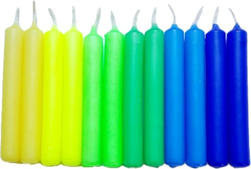 GLOWYBOX®12 Stück Geburtstagskerzen für Kerzenring Kerzen für Kindergeburtstag bunte Kinderkerzen Geburtstagszug Minikerzen bunt Baumkerzen bunt neon dip Dye Kerzen Regenbogen Set gelb/grün/blau