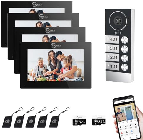 Sistema di videocitofono dell'appartamento cablato, 4 unità 7 pollici Touch Monitor, 3 in 1 sblocco, Dual Way Intercom Tuya per la casa Vally (nero)
