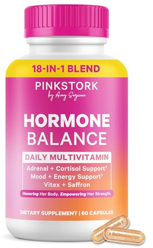 Pink Stork Hormone Balance Multivitamin for Women | 18-in-1 Vitex, Saffron, Ashwagandha, Magnesium | Mood, Energy, Cortisol, Adrenal Support | PMS, Perimenopause Support | 60 Vegan Capsules