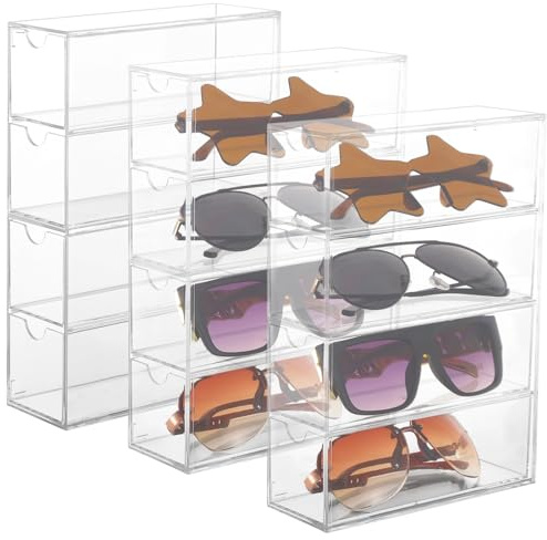 3 PCS Clear Sunglasses Organizers, 4 Tiers Clear Plastic Sunglasses Organizer, Transparent Glasses Holder with Drawers, Eyewear Display Case, Storage Container for Watches Jewelry Cosmetics