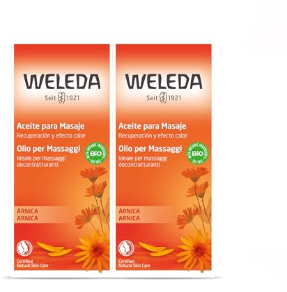 Weleda Bipack Arnica Olio per Massaggi decontratturanti per trattamenti di contratture e tensioni muscolari da fatica e stress, ottimale per applicazione pre e post attività sportiva (2 x 200 ml)