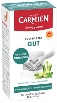 Carmien | Rooibos Tea for Gut Health, 20 Tea Bags with Chicory Root Fibre | Caffeine Free, Probiotics (BC30), Natural Digestive Support, Detox, Herbal, Soothing, Vanilla, Fennel, Spearmint, Traditional