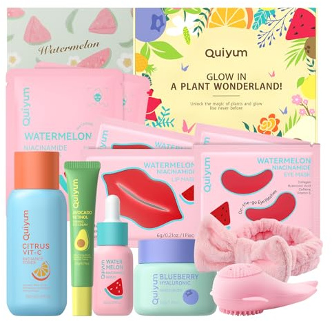 QUIYUM Set Cura della Pelle ai Frutti, Kit Idratante Viso da 12 Pezzi per Donne con Tonico, Siero, Crema Contorno Occhi, Crema Idratante, Maschera Viso, Spazzola e Fascia per Capelli