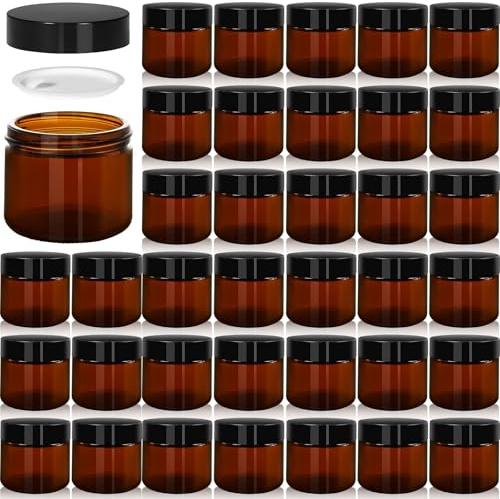 48Pcs 60ml Amber Glass Jars with Lids, Small Glass Cosmetic Jars Empty Cream Containers Cosmetic Jar Bulk Amber Salve Tins for Travel Containers Lotions Essential Oils