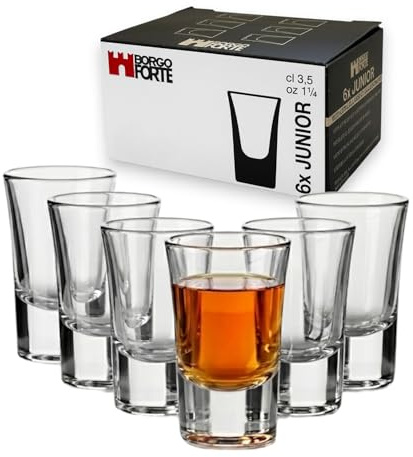 Chabrias Ltd 35ml Glass Shot Glasses - Pack of 6 - Ultra Clear Glass Shooter Cups for Liquor & Spirits, Baby Guinness, Tequila, Vodka, Espresso & Dessert Shots, Dishwasher Safe - Made in Italy