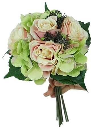 HXSCOO Bouquet de mariée Fait Main avec Roses et hortensias artificiels - Parfait for Les Mariages et la décoration intérieure(ChampagneGreen)