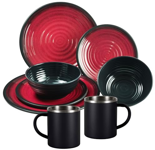 Melamin Geschirr Set Rot Schwarz Edelstahl Thermo Tassen Tonoptik Camping