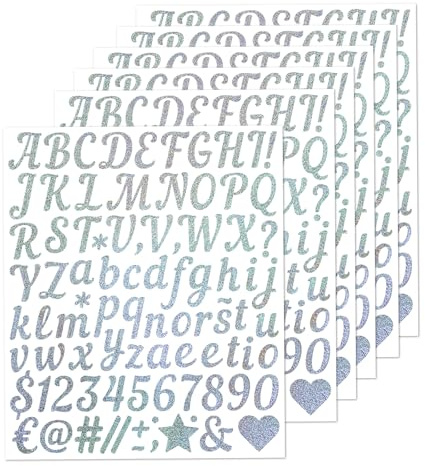 Auroriel 6 Blätter Silberne Glänzende Selbstklebende Buchstaben Aufkleber Vinyl Sticker Alphabet Zahlen Symbole DIY Klebebuchstaben für Hochzeit Geburtstag Tür Briefkasten Dekoration