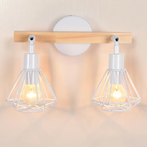 iDEGU 2 Flammig Wandleuchte Industrie Design Wandleuchte Innen aus Holz und Metall Vintage Käfig E14 Wandspot Verstellbare Deckenleuchte Wandstrahler für Wohnzimmer Flur Schlafzimmer (Weiß)