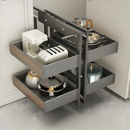 Mobile angolare estraibile a 2 ripiani con scolapiatti estraibile per spezie e padelle, per credenze da cucina, dispensa e soluzioni sotto il lavandino