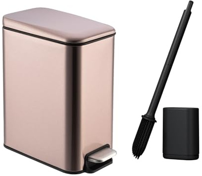iAnomla Poubelles de Salle de Bain 5L avec brosse WC, Petite Poubelle à Pédale en Acier Or Rose, Corbeille de Cuisine Fine, Poubelle avec Couvercle et Seau Intérieur, pour Espace étroit