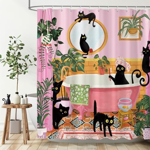 Dazzlewall Rosa Katze Tropenpflanzen Duschvorhang 183x183 cm Anti-Schimmel | Party-inspirierter Look, wasserabweisend, schnelltrocknend, waschbar, inkl. 12 Haken, für Dusche, Wanne & Gäste-WC