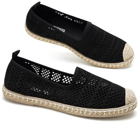 GLAMORA Alpargatas Mujer Caladas Slip On Punto Transpirable Zapato Plano Ligero Flexible Suela Goma Efecto Esparto Crochet Puntera Cerrada Comodo Verano Sin Cordones bk-38