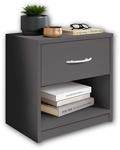 Stella Trading PEPE Mesilla de noche en acabado grafito, sencilla, con 1 cajón, adecuada para cualquier cama y dormitorio, 39 x 41 x 28 cm (ancho x alto x fondo)