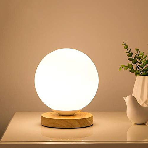 ChaoZan Lámpara de mesa esférica retro moderna E27 max.40W madera roble claro/vidrio opal mate, luz de noche lámpara de Lámparas de escritorio,sala de estar/lámpara de noche（redonda）