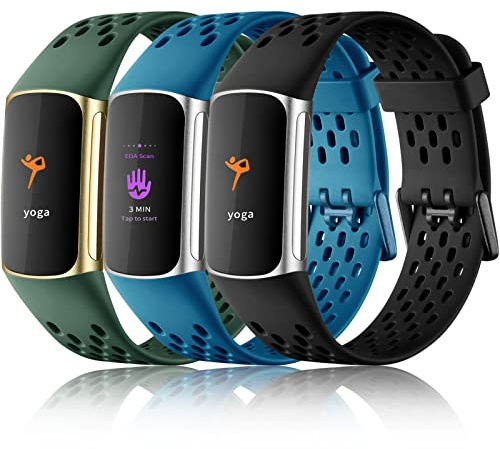 Maledan Compatible with Fitbit Charge 5/ Charge 6 Bands Men Women, 3 Pack Sport Band Soft Waterproof Replacement Wristbands Breathable Strap for Fitbit Charge 5/ Charge 6, Black/Slate Blue/Green