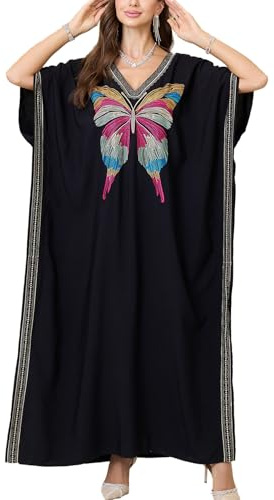 YouKD Lång kaftan för kvinnor, maxiklänning, bohemisk strandrock, täckande plagg för baddräkt, strandplagg, Svart blomma, en storlek